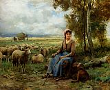 Julien Dupre Canvas Paintings - Shepherdess Watching Over Her Flock